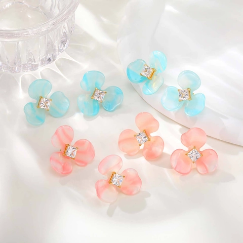 Damen Frisch Süß Harz Blume Ohrstecker Verlauf Blütenblatt Edelstahl Stift Quadratisch Zirkonia Blumen Ohrringe Schmuck