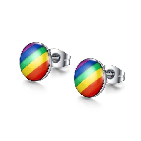 Pendientes de Botón Redondos con Rayas de Arcoíris Cobre Chapado en Oro con Poste de Plata de Ley 925 Joyería Pride Mujer