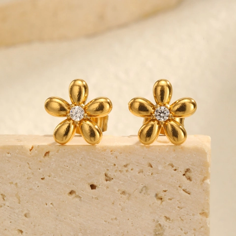18K Gold Plated Brass Stainless Steel Zirconia Flower Stud Earrings For Women Tiny Floral Ins Style Elegant Jewelry