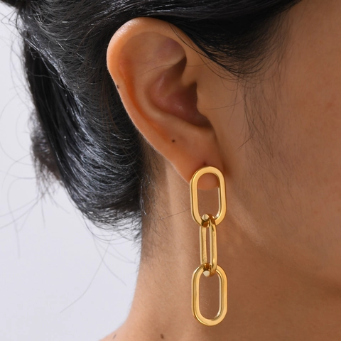 Mode Edelstahl Geometrische Kette Ohrhänger Für Damen Vergoldet Dreifach Oval Loop Drop Ohrringe Schmuck Geschenk