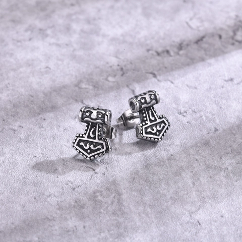 Pendientes de Botón Martillo de Thor Mjolnir de Acero Inoxidable Vintage para Hombre Joyería Estilo Vikingo Punk Plata 925