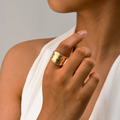 Minimalistisch Roestvrij Staal Onregelmatig Gehamerd Open Ring Voor Dames 18K Verguld Golftextuur Verstelbare Mode Sieraden
