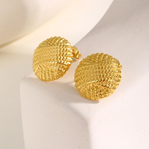 Vintage 18K Vergulde Messing Reliëf Ronde Oorknopjes Voor Vrouwen Roestvrijstalen Stift Geometrische Geweven Textuur Sieraden