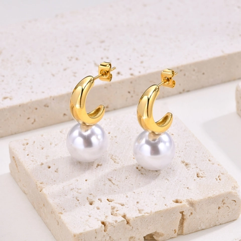 Orecchini a Cerchio C Francesi Eleganti in Acciaio Inossidabile per Donna Con Grandi Perle Artificiali Gioielli Placcati Oro Argento