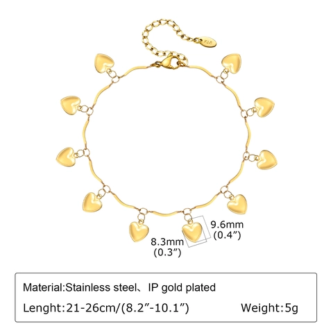 Fashion Stainless Steel Heart Pendant Anklet 18K Gold Plated Wave Bar Chain Summer Beach Vacation Jewelry For Women