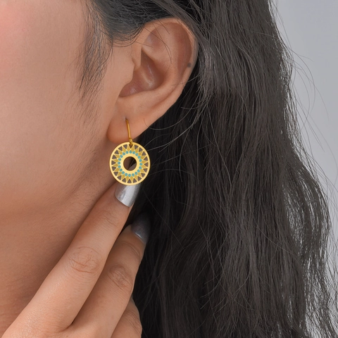 Boucles d'Oreilles Crochet Rond Géométrique en Émail Acier Inoxydable Rétro Bohème Plaque Or 18K Vintage Bijoux Femme