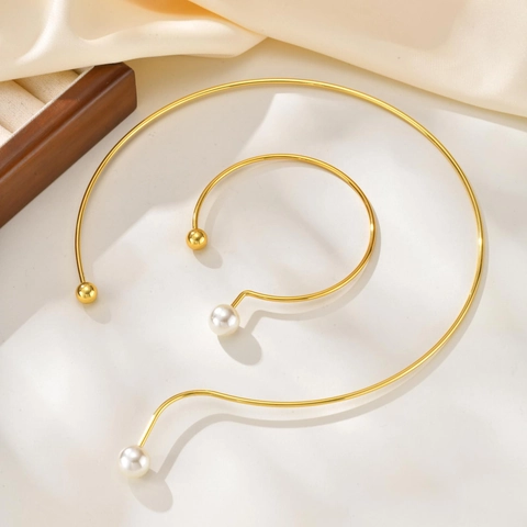 Minimalistisch Edelstahl Schmuckset Für Damen Geometrisch Künstliche Perle Offener Choker Halskette Und Armreif Set Gold Galvanisiert
