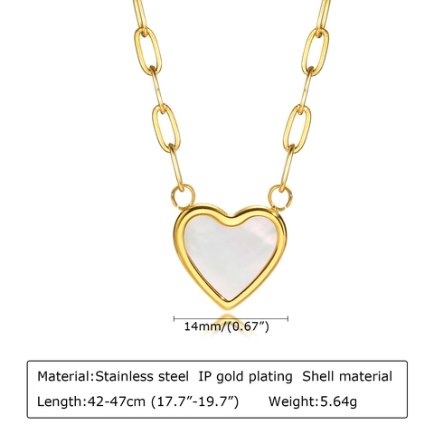Luxury Stainless Steel Heart Pendant Necklace For Women Gold Paperclip Chain With White Mother Of Pearl Shell Inlay Jewelry