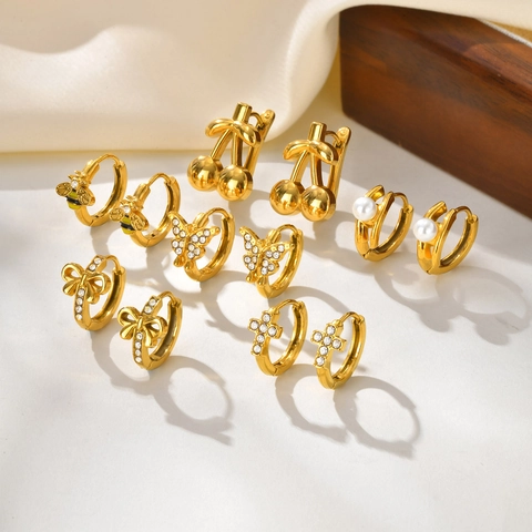 Gold Vergoldete Creolen Aus Edelstahl Schmetterling Delphin Kirsche Biene Anhänger Zirkonia Modeschmuck Für Damen