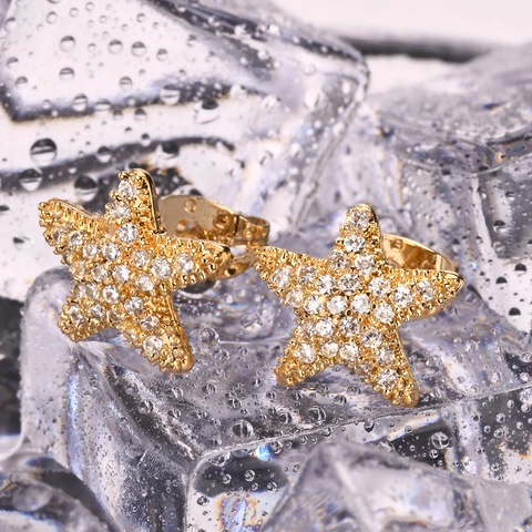 Orecchini a Bottone a Stella in Rame Placcato Oro Vintage per Donna Con Zirconia Intarsiata Perno in Argento Sterling 925