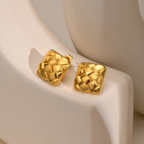 Edelstahl Geflochtene Geometrische Viereckige Ohrstecker Für Damen Mit 925 Sterlingsilber Ohrstecker-Stift Gold Plattierter Schmuck