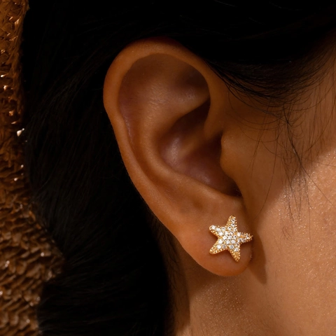 Orecchini a Bottone a Stella in Rame Placcato Oro Vintage per Donna Con Zirconia Intarsiata Perno in Argento Sterling 925