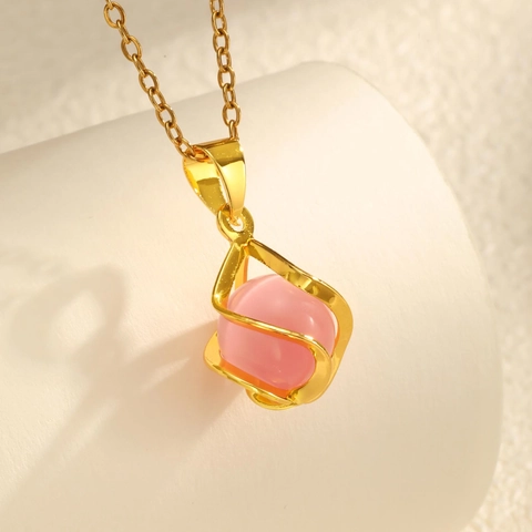 Collana con Pendente in Pietra Occhio di Gatto Rosa a Spirale Intrecciata in Acciaio al Titanio per Donna Gioielli Traforati