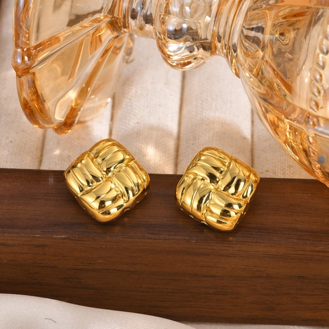 Fashion Women Geometric Woven Square Stud Earrings Copper Gold Plated With 925 Sterling Silver Earring Post Elegant Jewelry Accessories