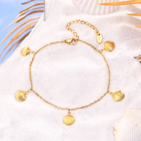 Chevillère Pendentif Coquillage en Acier Inoxydable Bohème pour Femme Plaqué Or Chaîne de Pied d'Été Bijoux Réglables