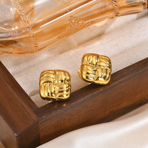 Fashion Women Geometric Woven Square Stud Earrings Copper Gold Plated With 925 Sterling Silver Earring Post Elegant Jewelry Accessories