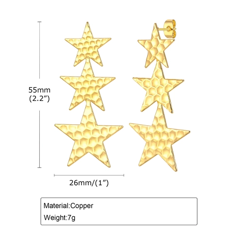 Geometric Triple Star Hammered Dangle Earrings For Women Gold Plated Copper Jewelry Fashion Simple Star Drop Earrings