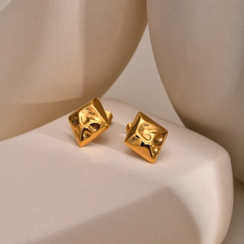 18K Real Gold Plated Copper Irregular Hammered Geometric Rhombus Stud Earrings With 925 Sterling Silver Post For Women