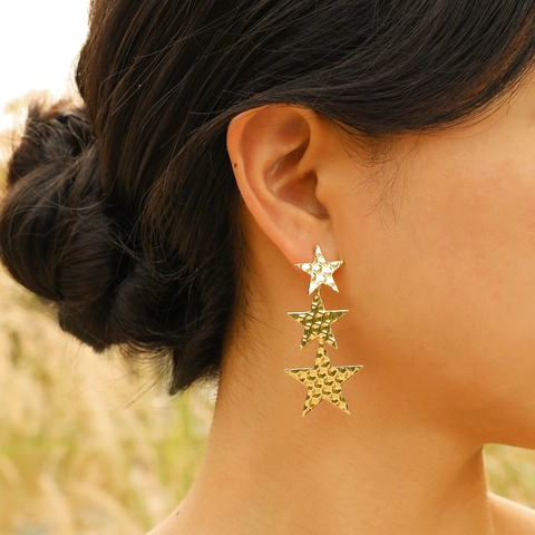 Geometric Triple Star Hammered Dangle Earrings For Women Gold Plated Copper Jewelry Fashion Simple Star Drop Earrings