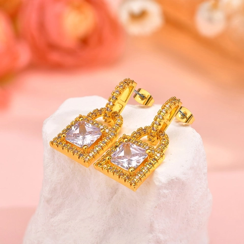Orecchini a Pendente a Lucchetto in Ottone Placcato Oro per Donna Lussuosi Orecchini a Lucchetto con Zirconia Quadrata e Strass Pavé