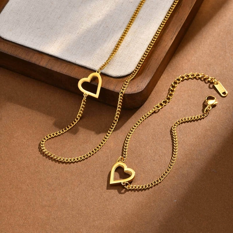 Collana e Bracciale in Acciaio Inossidabile Minimalista Con Pendente a Cuore Vuoto Per Donna Gioielli a Catena Semplice Placcati Oro