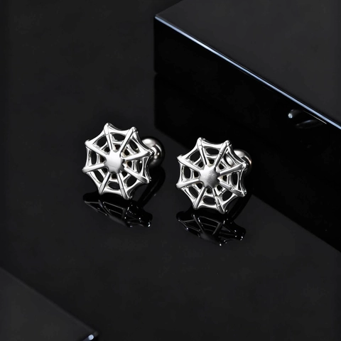 Punk Stainless Steel Spider Web Stud Earrings For Men Gothic Personalized Ear Studs Silver Color Boyfriend Jewelry Gift