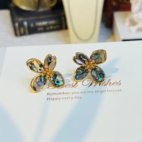 Boucles d'Oreilles Clous Florales en Cuivre Plaqué Or Vintage Français Coquillage Naturel Multicolore Strass Fleurs Femmes Bijoux