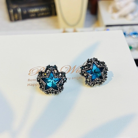Vintage Dark Gothic Pentagram Star Stud Earrings For Women Blue Crystal Copper Rhinestone Black Tone Cool Jewelry