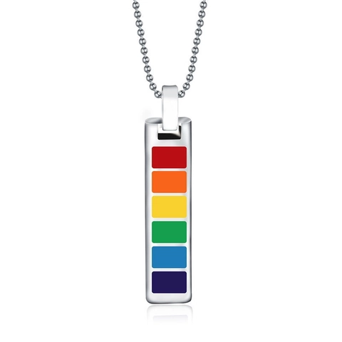 Minimalist Stainless Steel Rainbow Rectangle Pendant Necklace LGBTQ Pride Six Color Enamel Striped Bar Jewelry