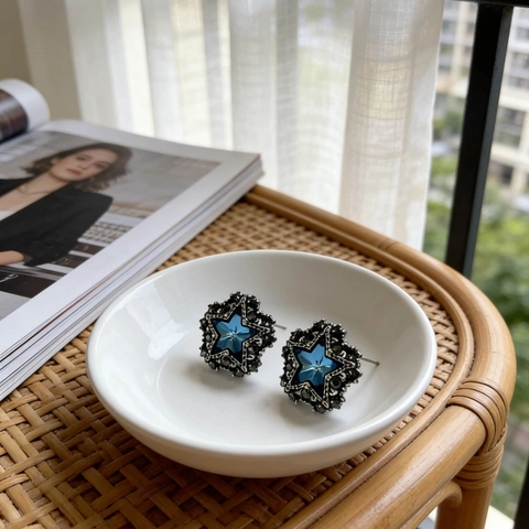 Vintage Dark Gothic Pentagram Star Stud Earrings For Women Blue Crystal Copper Rhinestone Black Tone Cool Jewelry