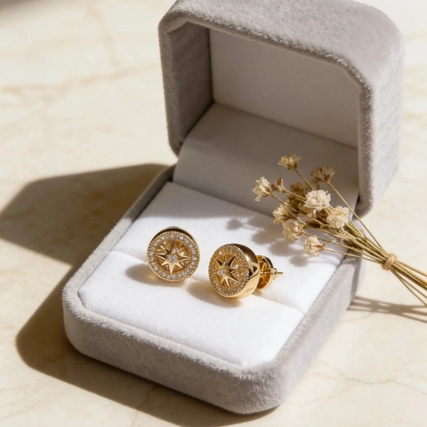 Vintage Orecchini a Lobo Rotondi Stella Bussola Placcati Oro Con Strass Gioielli Geometrici Celesti Regalo Donna