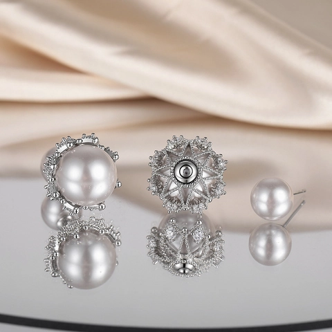 Eleganti Orecchini a Doppia Faccia con Perle Artificiali e Corona per Donna Orecchini in Rame Placcato Argento con Strass Gioielli