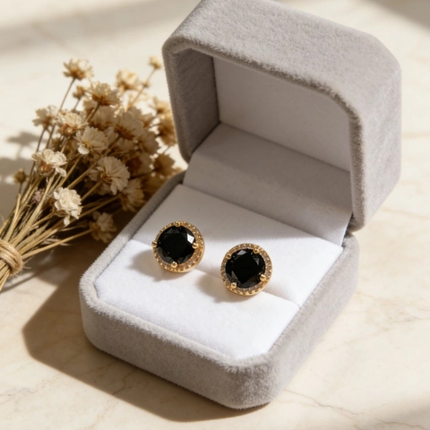 Luxe Ronde Zwarte Edelsteen Oorknopjes Voor Dames Verguld Koper Strass Halo Oorbellen Niche Mode Sieraden Cadeau