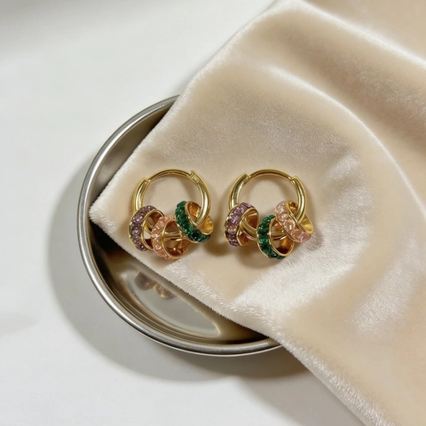 Vintage Light Luxury Gold Plated Copper Hoop Earrings Multicolor Rhinestone Geometric Wrapped Circle Earrings For Women Jewelry