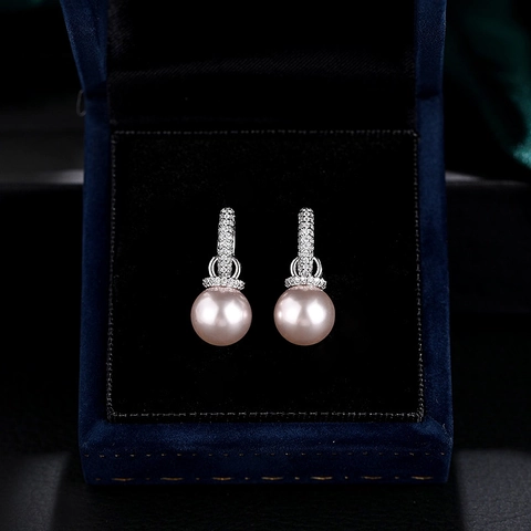 Eleganti Orecchini Pendenti con Perla Artificiale Rosa e Strass Orecchini a Cerchio in Rame Placcato Argento per Donna