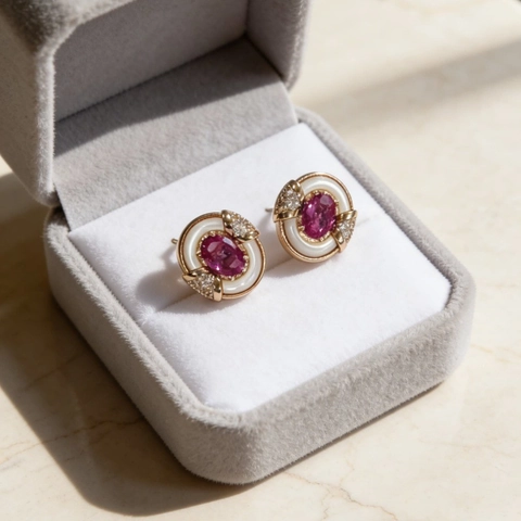 Exquisitos Pendientes de Botón de Cobre Chapados en Oro Rosa Vintage Piedra Ovalada Rosa Perla Artificial Diamantes de Imitación para Mujer Joyería