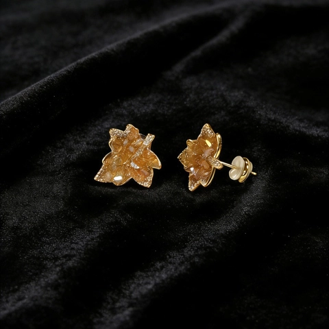 Orecchini a Bottone Foglia di Acero Caramello Vintage per Donna Orecchini Foglia in Rame Placcato Oro Zirconia Strass Gioielli Eleganti