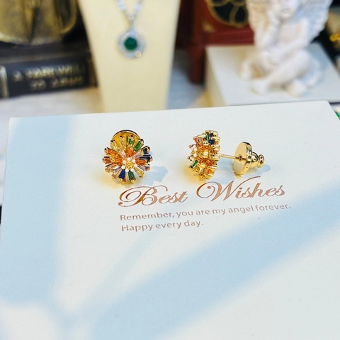 Boucles d'Oreilles Clous Marguerite en Strass Colorés de Luxe Base en Cuivre Plaqué Or Style Vintage Sucré Bijoux Femme