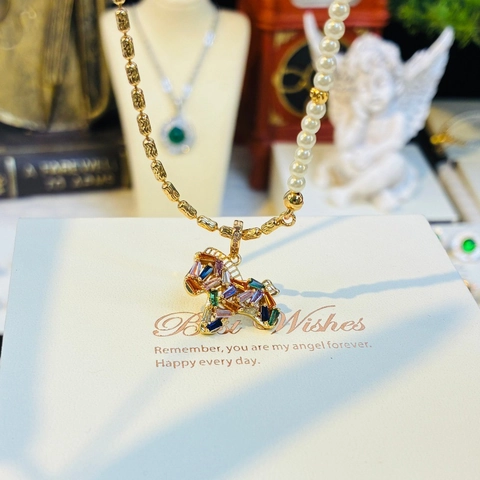 Asymmetric Copper Pony Pendant Necklace With Artificial Pearl And Colorful Rhinestones Gold Plated Fashion Jewelry For Women