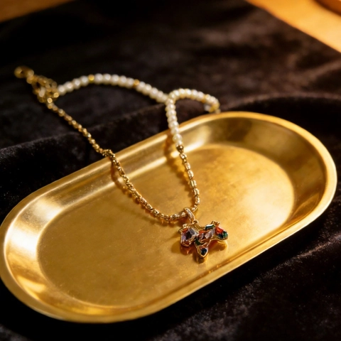 Asymmetric Copper Pony Pendant Necklace With Artificial Pearl And Colorful Rhinestones Gold Plated Fashion Jewelry For Women