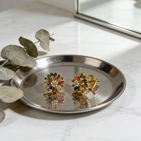 Boucles d'Oreilles Clous Marguerite en Strass Colorés de Luxe Base en Cuivre Plaqué Or Style Vintage Sucré Bijoux Femme