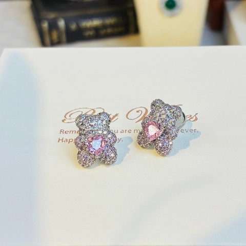 Süße Bär Herz Zirkonia Ohrstecker Für Damen Vintage Rosa Herz Edelstein Galvanisiert Kupfer Tier Ohrring Schmuck