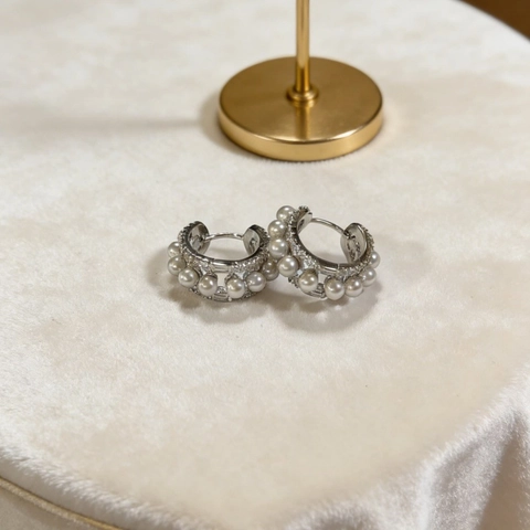 Süßwasserperlen C-Hoop Ohrringe Für Damen Retro Versilbert Kupfer Strass Eingelegt Kleine Hoops Geometrischer Schmuck