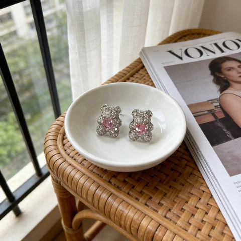 Süße Bär Herz Zirkonia Ohrstecker Für Damen Vintage Rosa Herz Edelstein Galvanisiert Kupfer Tier Ohrring Schmuck