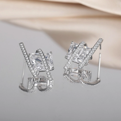 Orecchini a Bottone in Zirconia Geometrici per Donna Base in Rame Placcato Argento Pietra Quadrata Elegante Gioielli alla Moda