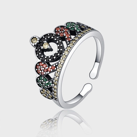 Anello a Corona in Argento Sterling 925 Vintage per Donna con Strass Colorati Intarsiati Anello Regolabile Gioielli di Moda