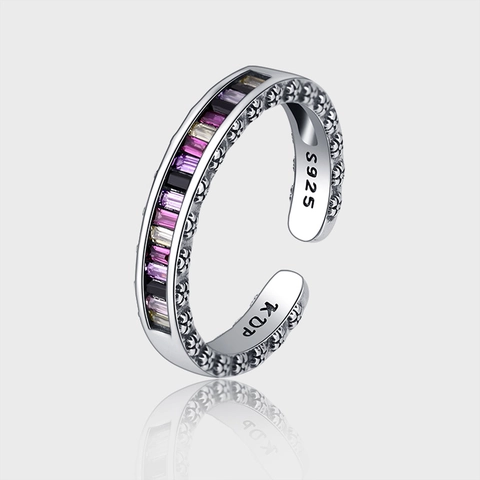 S925 Sterling Zilveren Regenboog Zirconia Verstelbare Open Ring Voor Vrouwen Vintage Reliëf Geoxideerd Kleurrijke Steen Vingering Sieraden