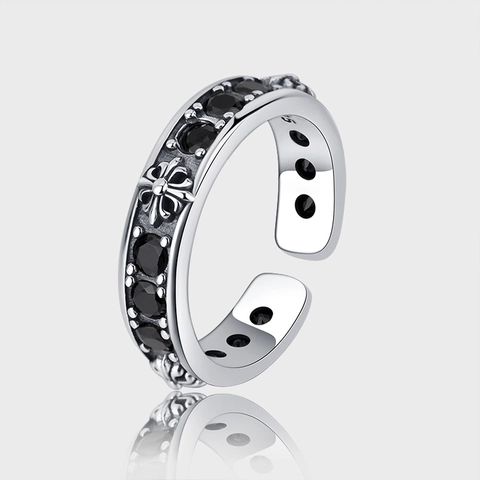925 Sterling Silver Retro Cross Open Ring For Men Women Gothic Embossed Black Zirconia Adjustable Punk Finger Ring Jewelry