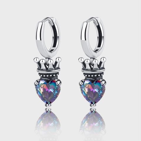Orecchini a Cerchio Vintage in Argento Sterling 925 Con Cuore e Corona Strass Iridescente Gioielli in Stile Hip Hop Gotico per Donna Regalo