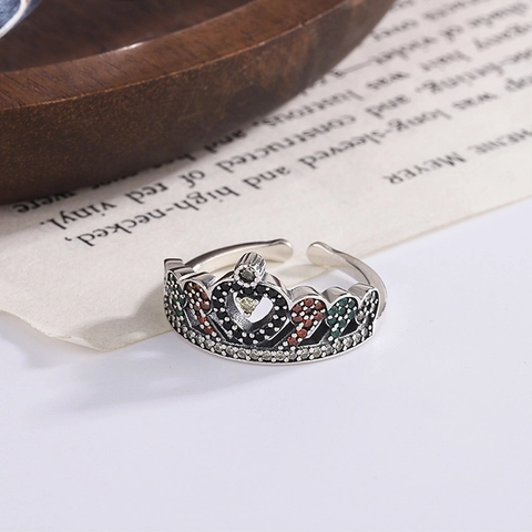 Anello a Corona in Argento Sterling 925 Vintage per Donna con Strass Colorati Intarsiati Anello Regolabile Gioielli di Moda
